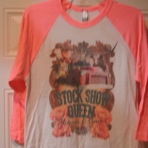 Ladies large pink and white baseball style shirt with Stock Show Queen